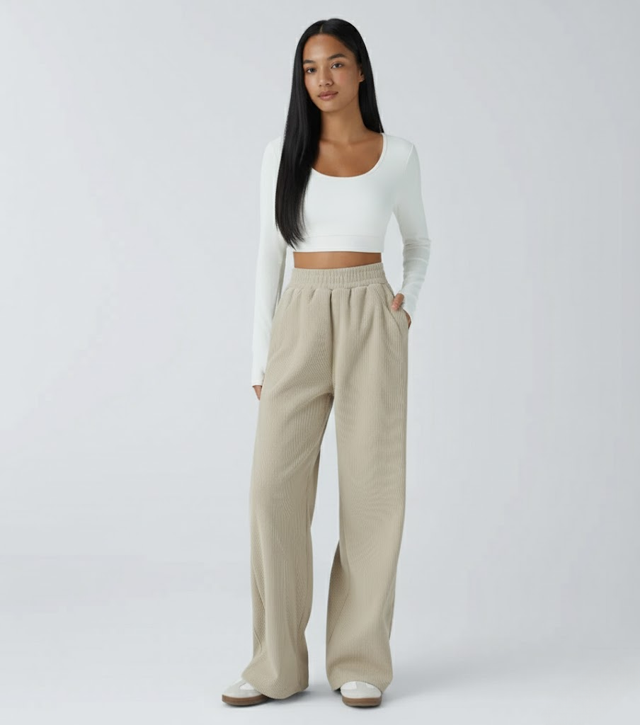 High Waisted Straight Leg Mop Corduroy Casual Pants