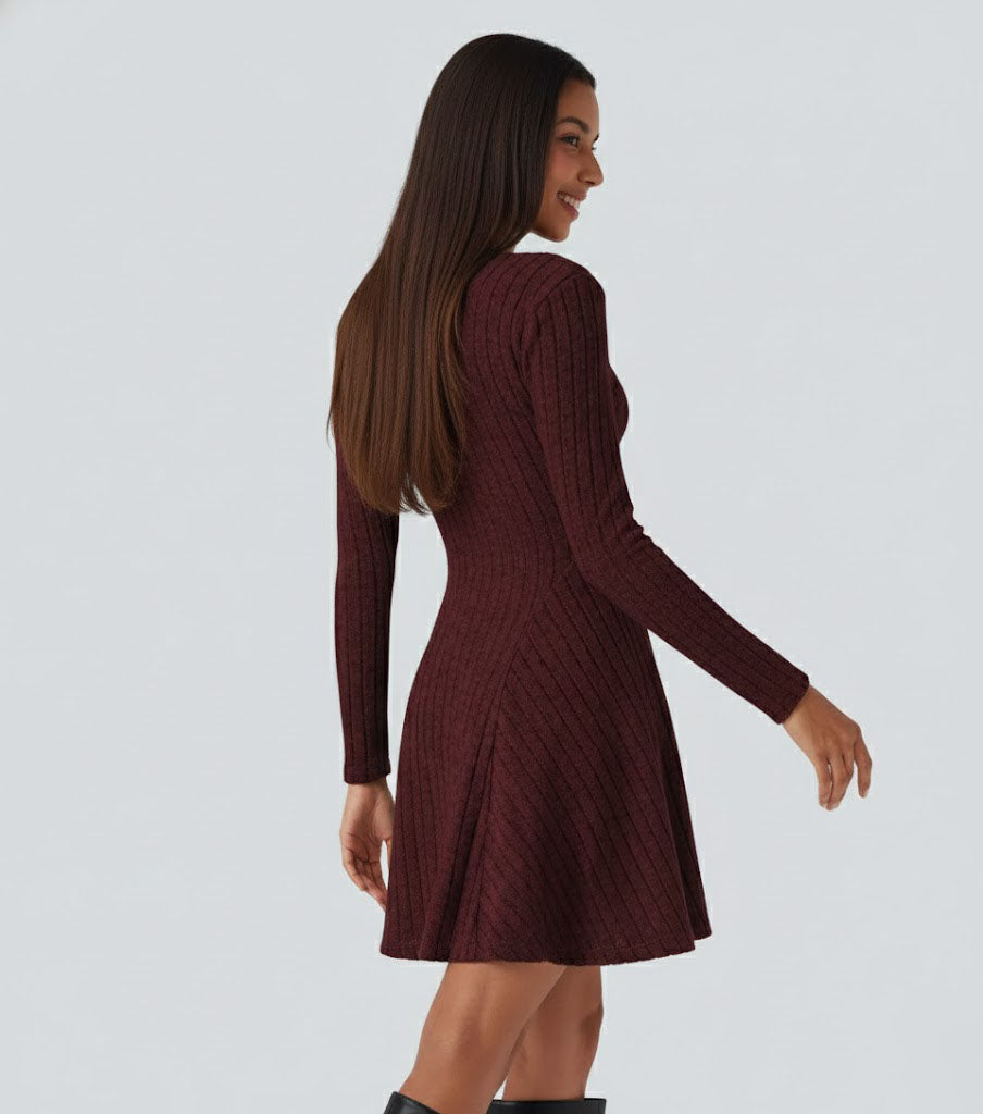 Ribbed Knit V Neck Long Sleeve Flare Casual Dress