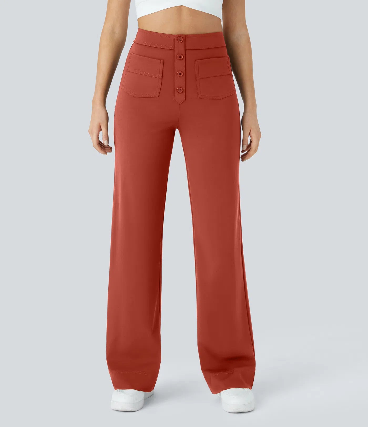 High Waisted Pockets Straight Leg Casual Pants