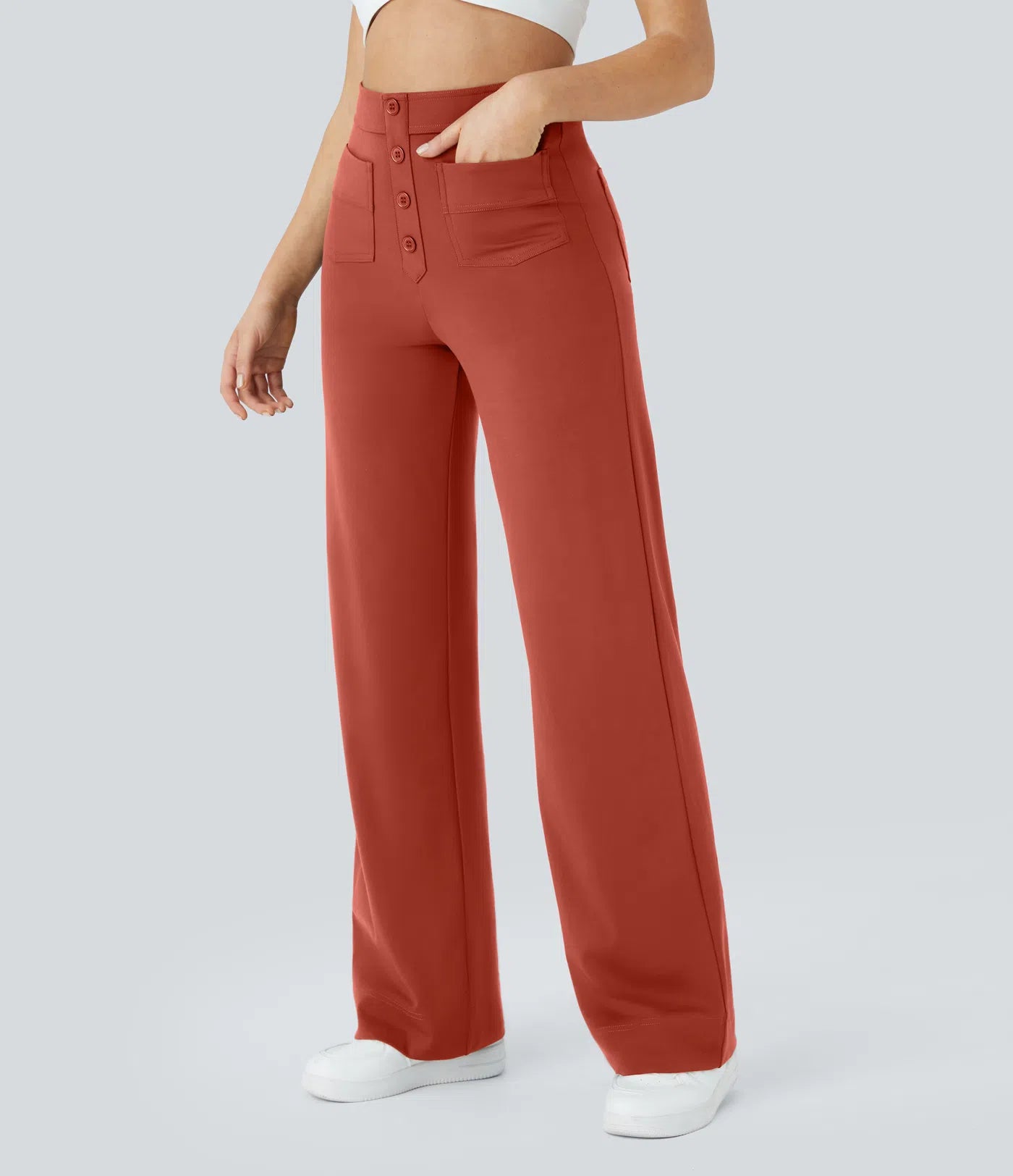 High Waisted Pockets Straight Leg Casual Pants