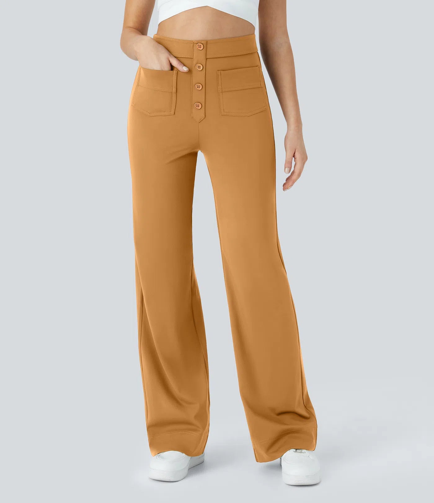 High Waisted Pockets Straight Leg Casual Pants