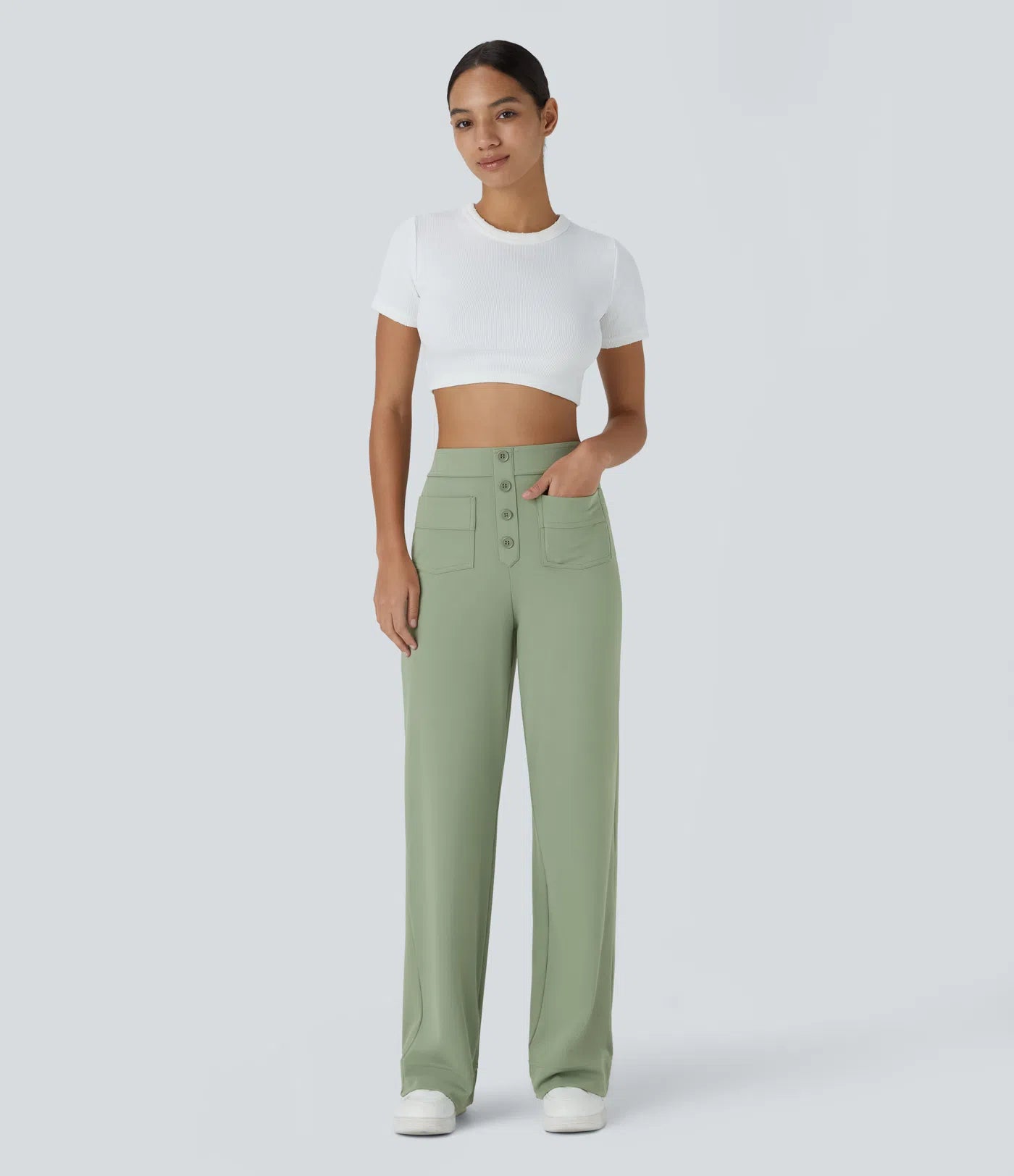 High Waisted Pockets Straight Leg Casual Pants