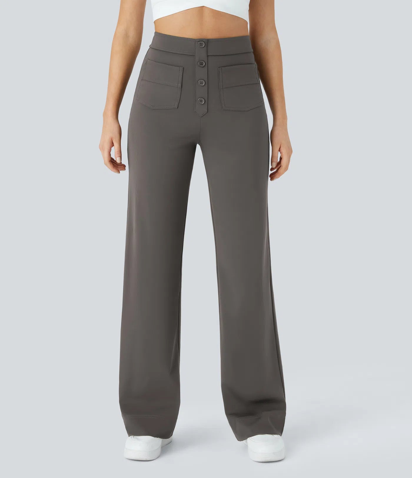 High Waisted Pockets Straight Leg Casual Pants