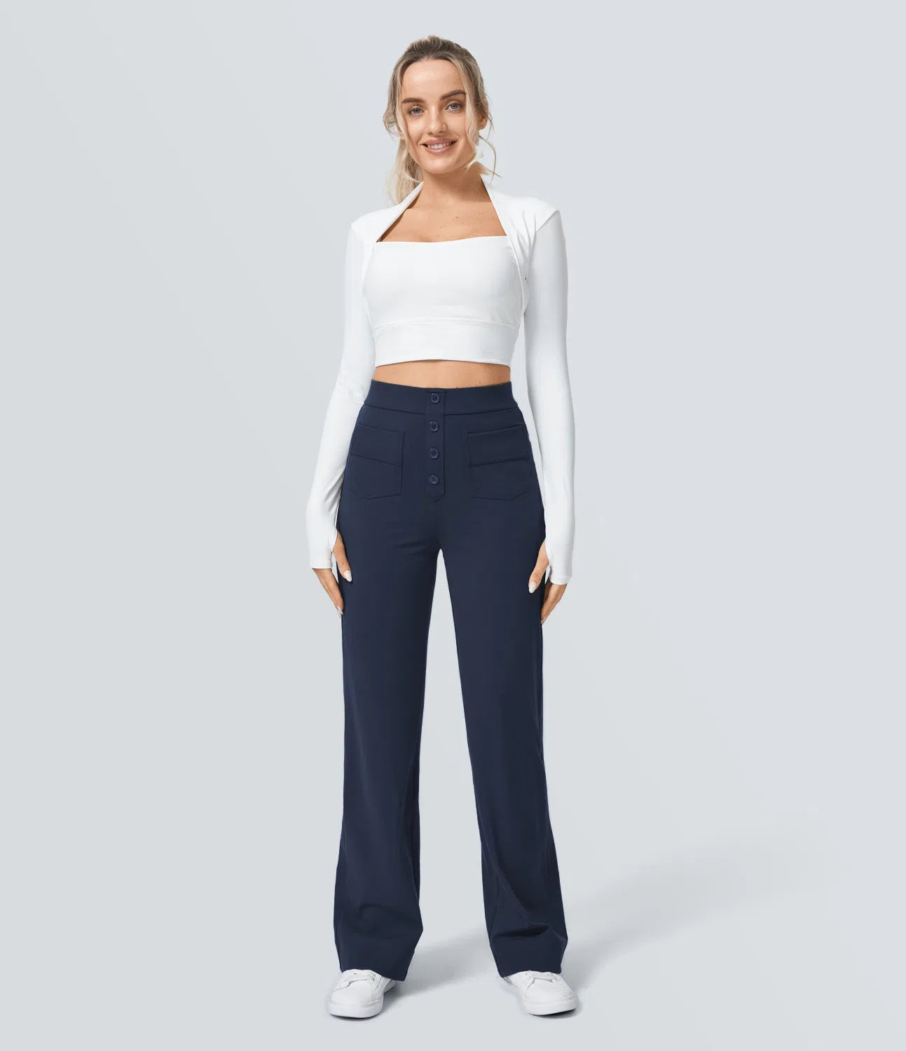 High Waisted Pockets Straight Leg Casual Pants
