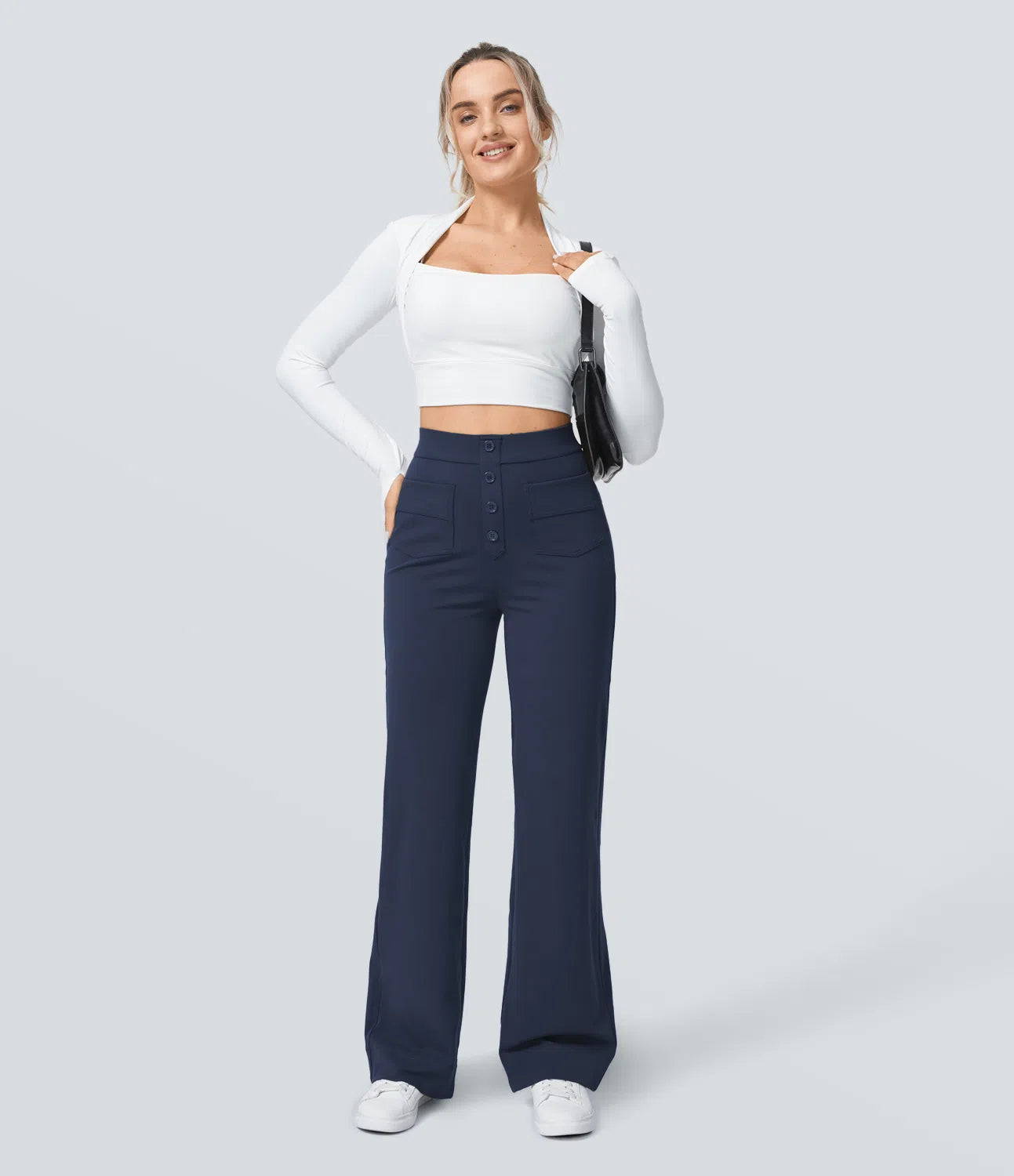 High Waisted Pockets Straight Leg Casual Pants