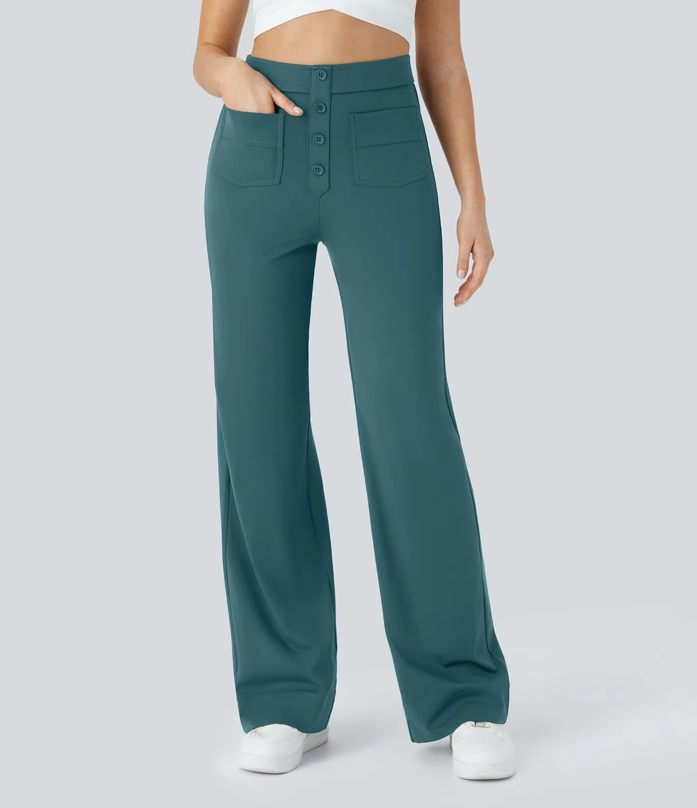 High Waisted Pockets Straight Leg Casual Pants