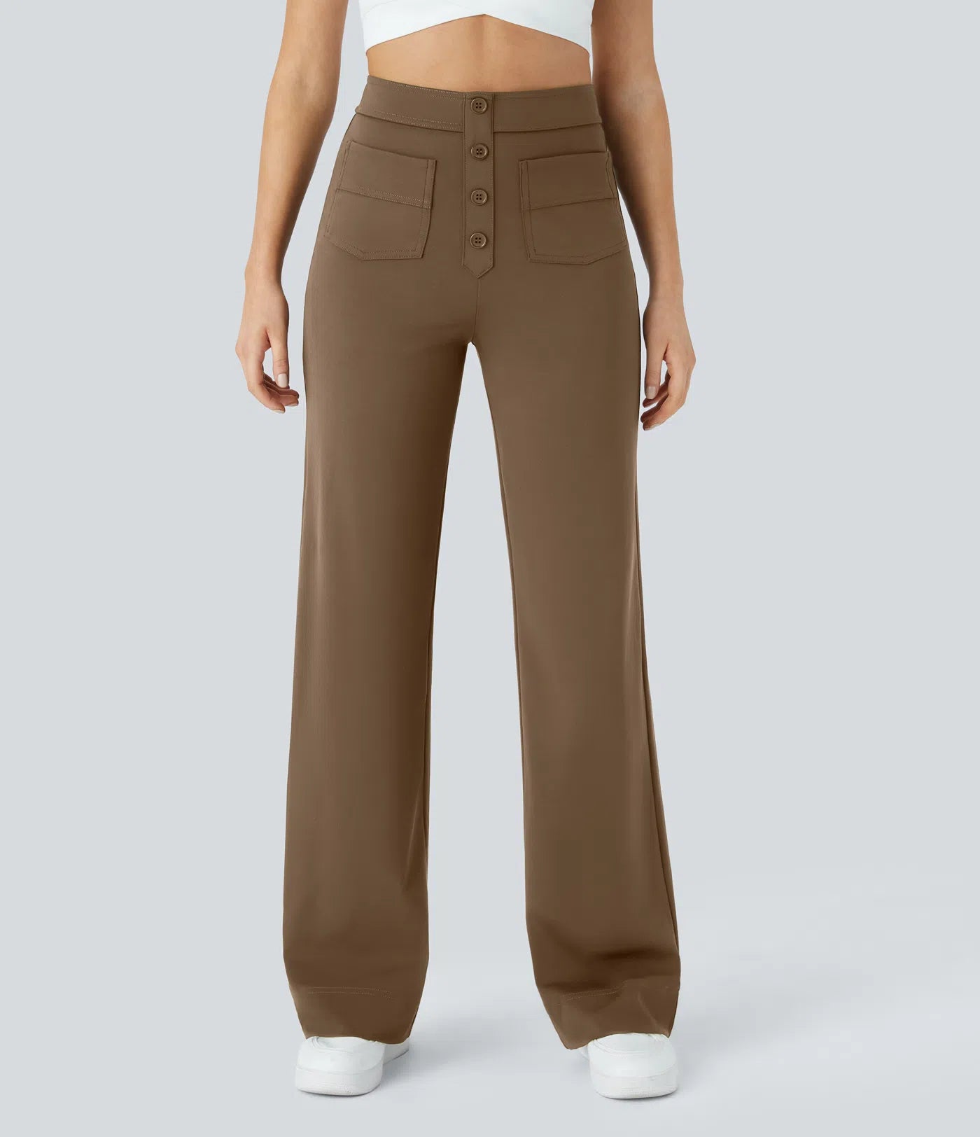 High Waisted Pockets Straight Leg Casual Pants