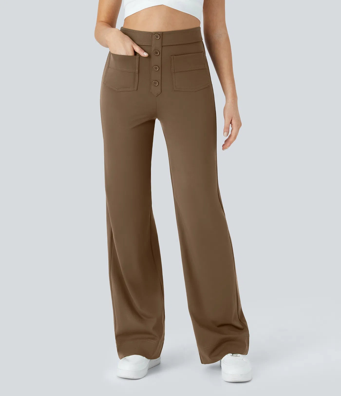 High Waisted Pockets Straight Leg Casual Pants