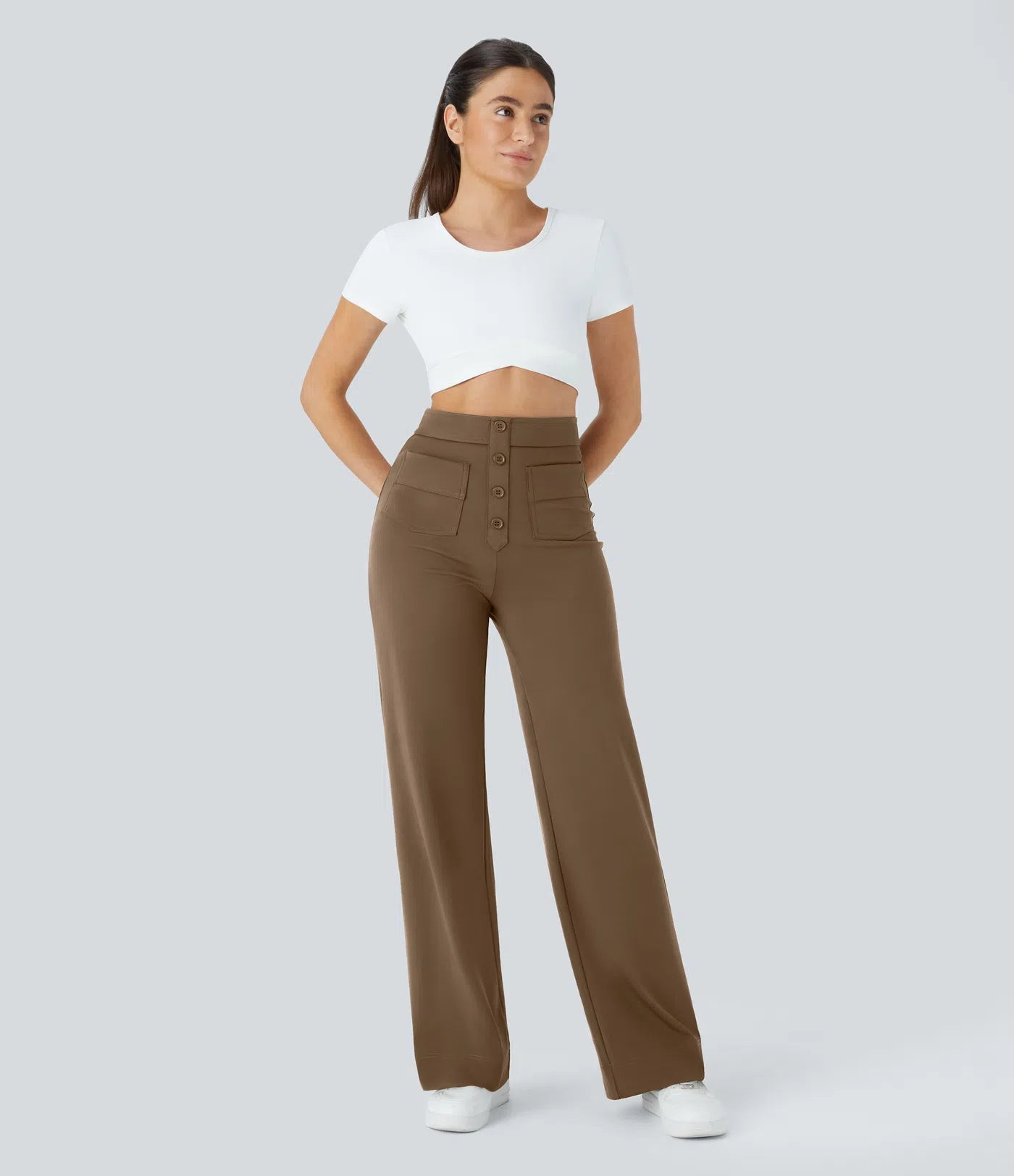 High Waisted Pockets Straight Leg Casual Pants