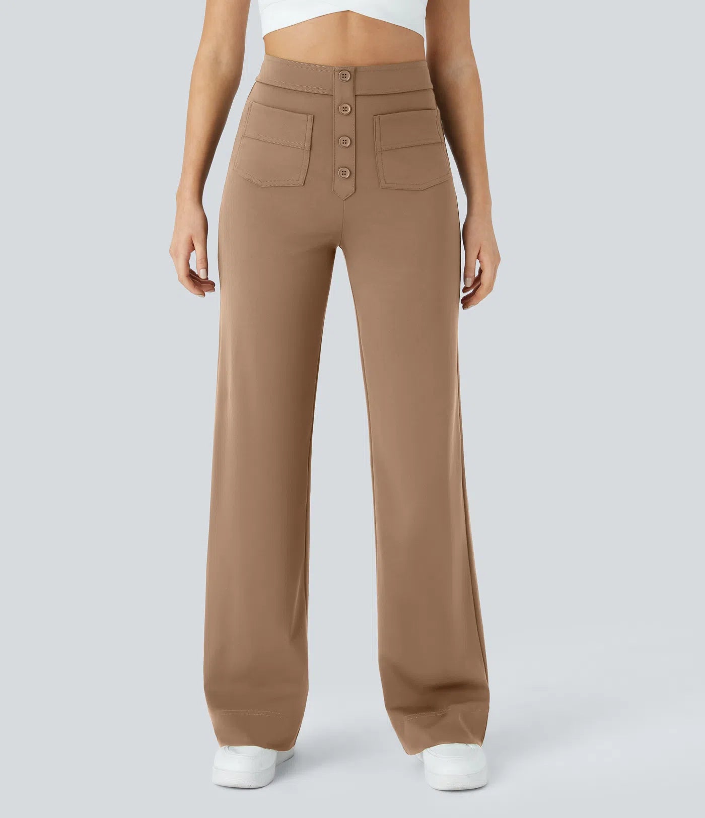 High Waisted Pockets Straight Leg Casual Pants