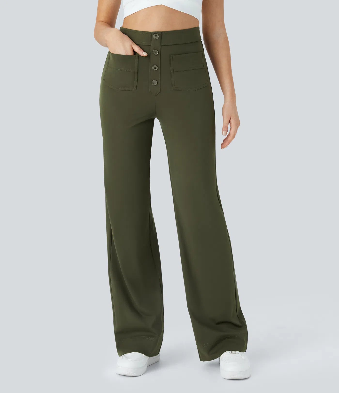 High Waisted Pockets Straight Leg Casual Pants