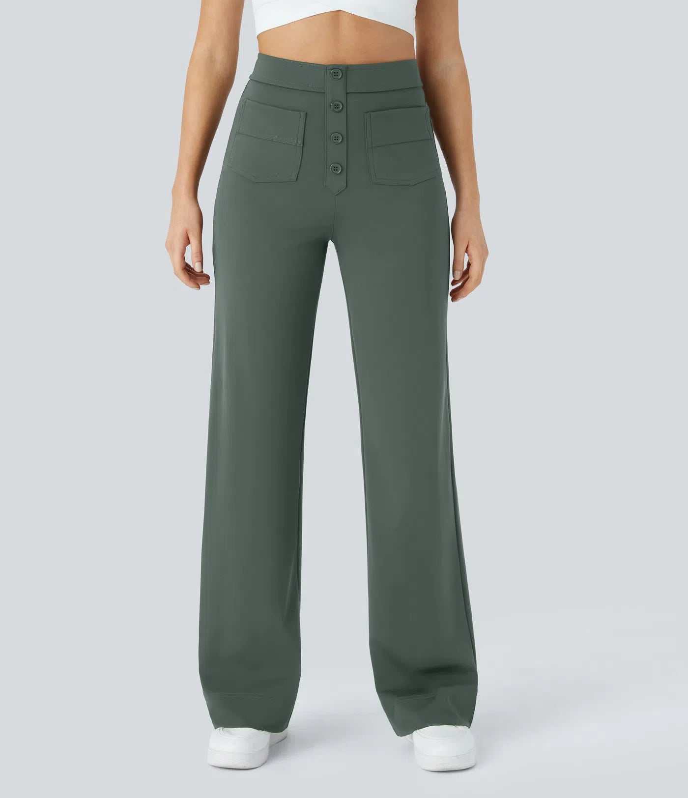 High Waisted Pockets Straight Leg Casual Pants