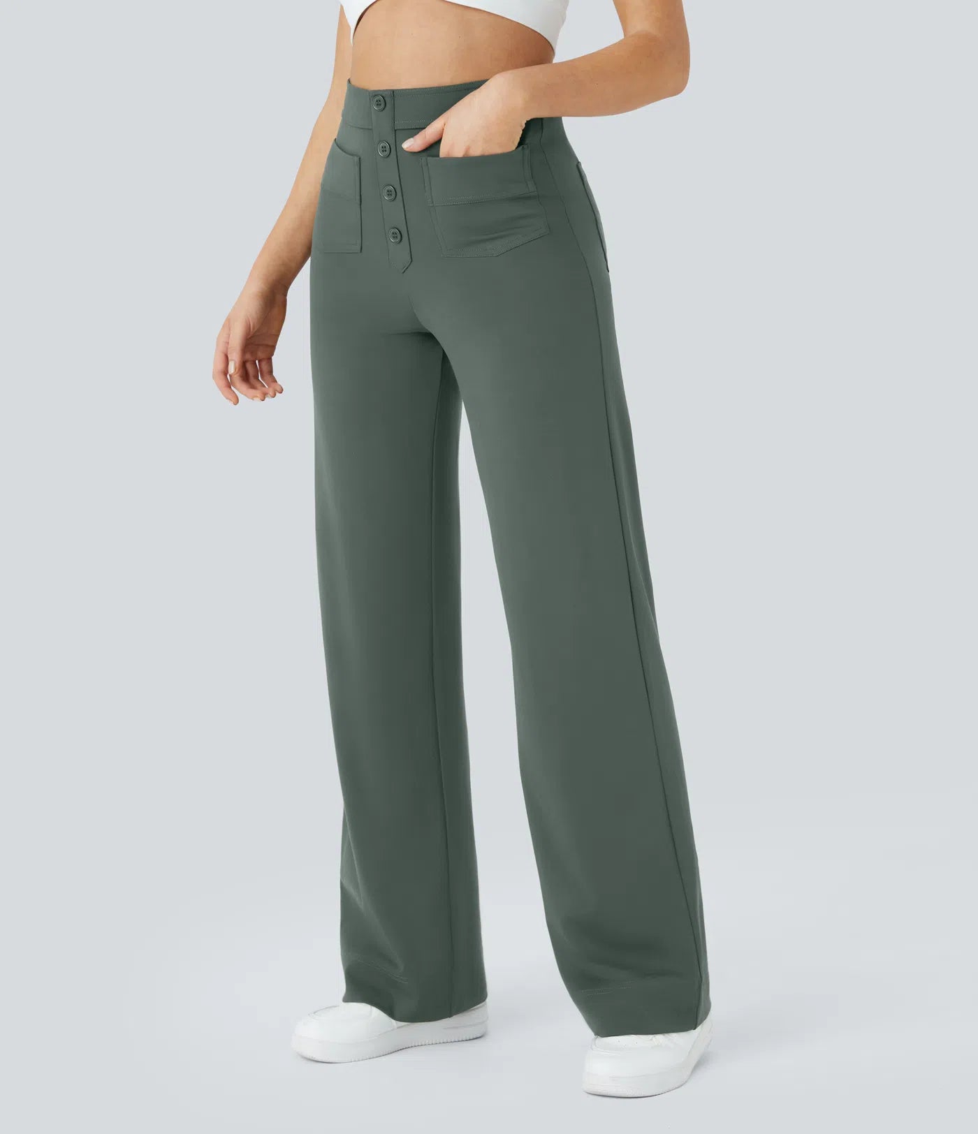 High Waisted Pockets Straight Leg Casual Pants