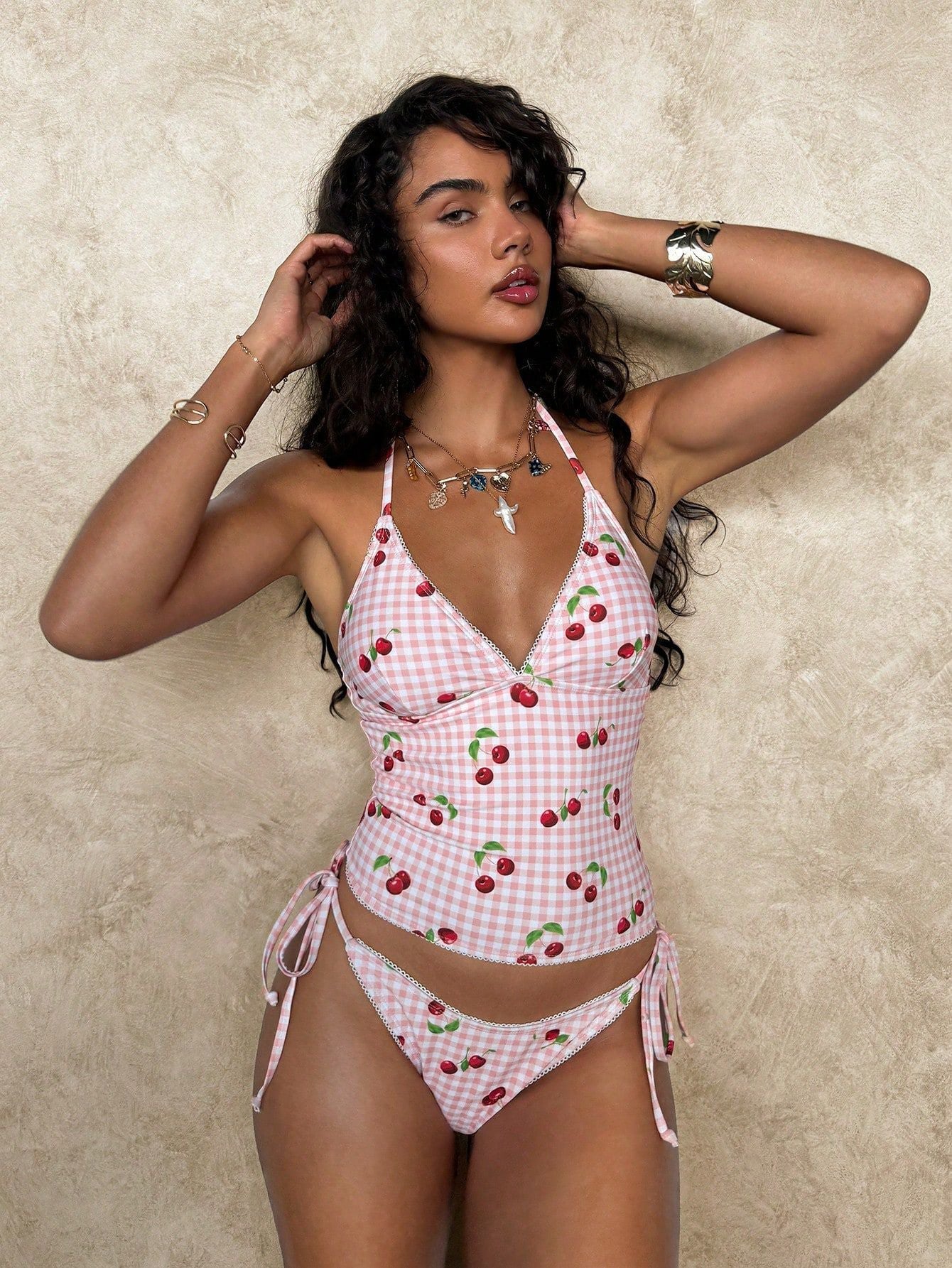 Cute Sweet Cherry Gingham Y2K bikini set
