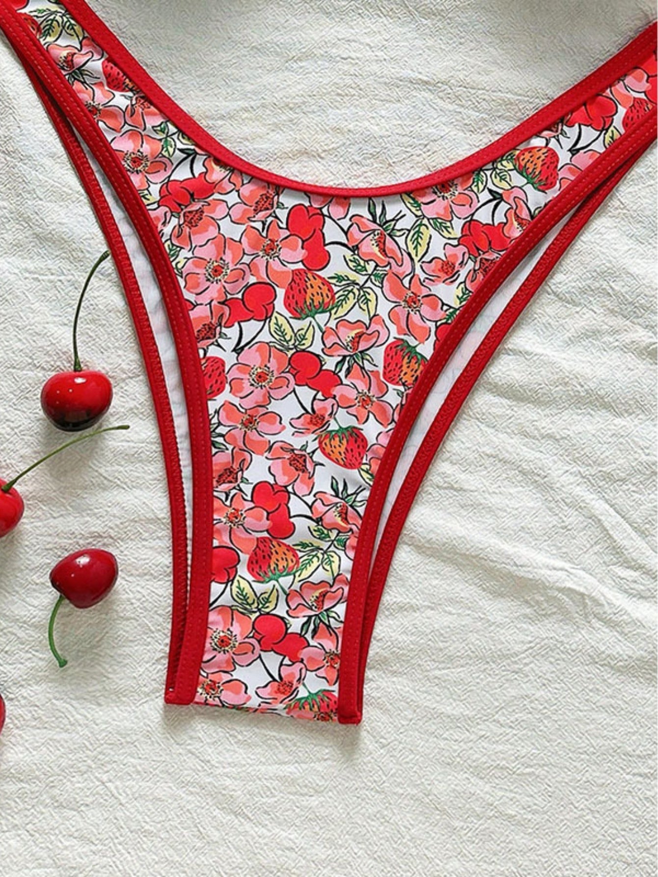 Red Floral Print Strappy Bikini Set