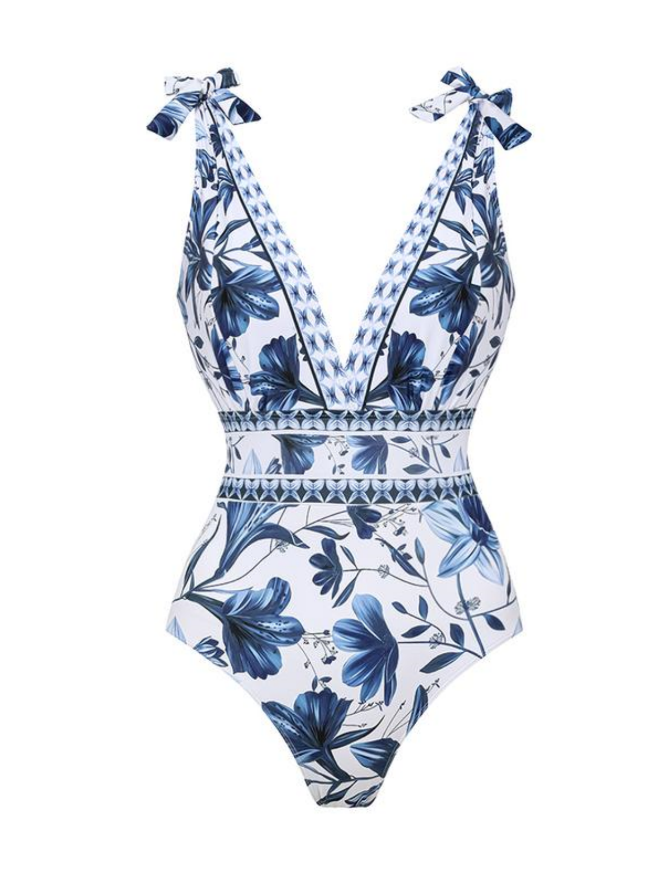 V Neck Blue Print One-Piece Swimsuit