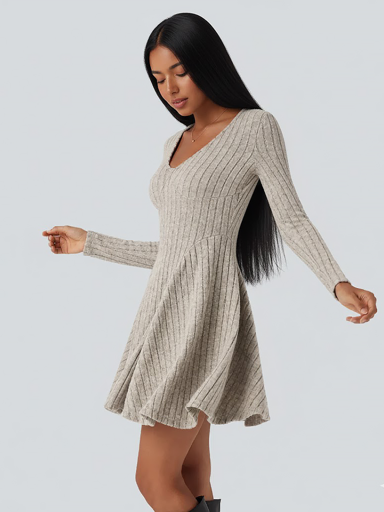 Ribbed Knit V Neck Long Sleeve Flare Casual Dress