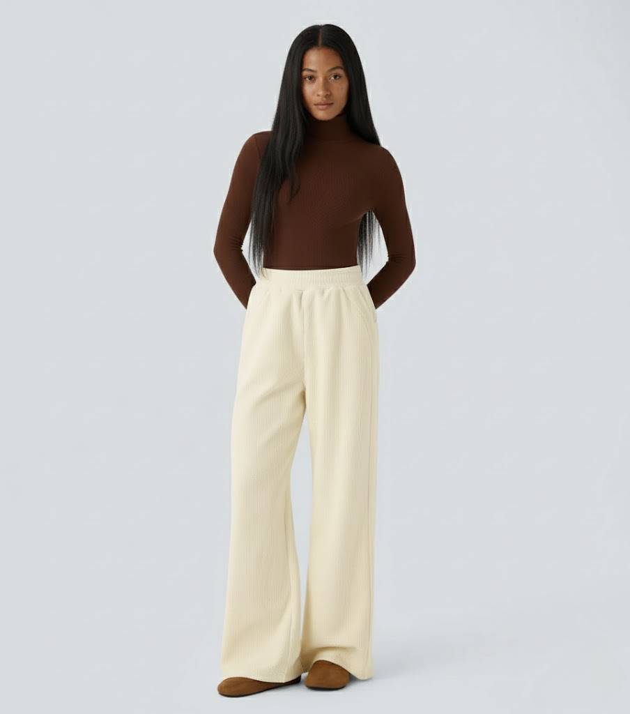 High Waisted Straight Leg Mop Corduroy Casual Pants