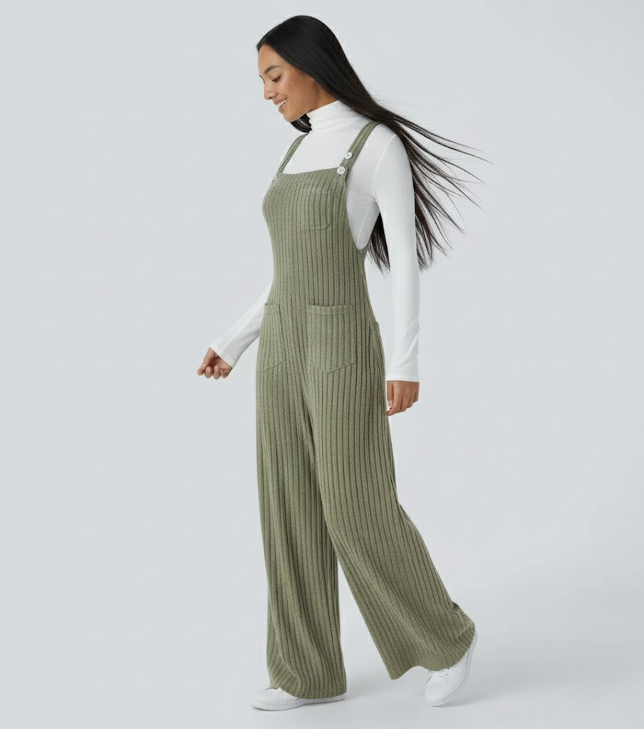 Ribbed Knit Pockets Casual Overalls