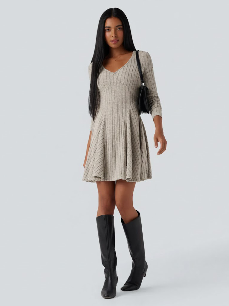 Ribbed Knit V Neck Long Sleeve Flare Casual Dress