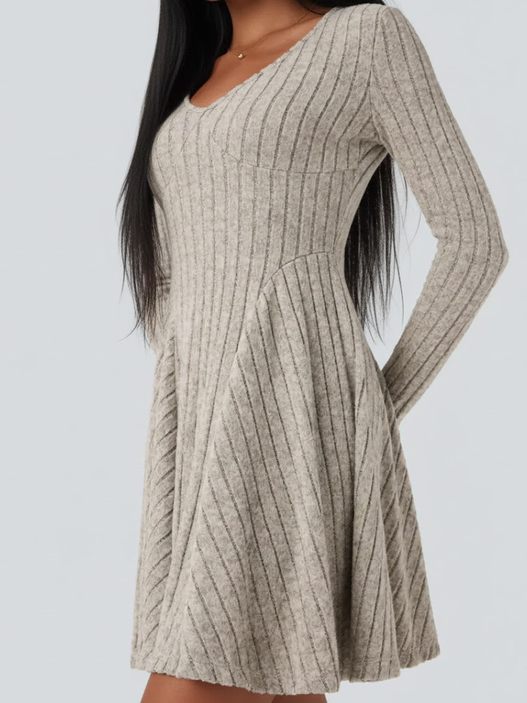 Ribbed Knit V Neck Long Sleeve Flare Casual Dress