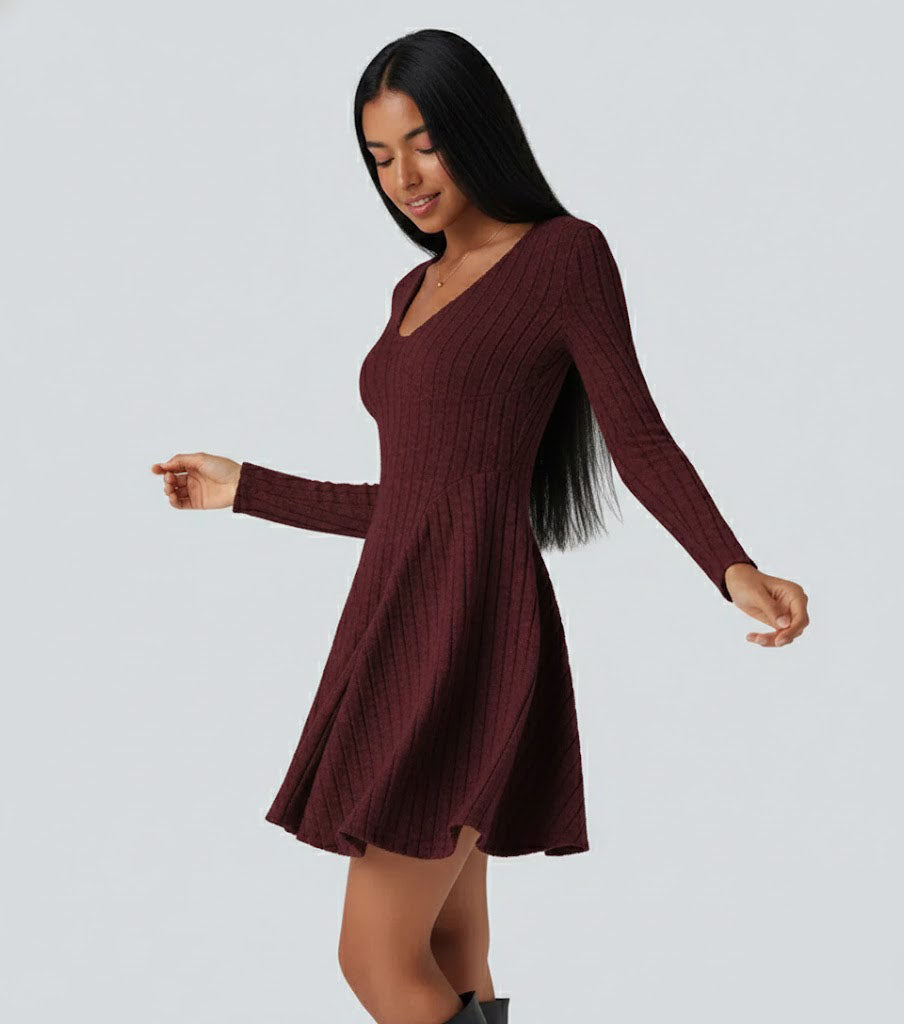 Ribbed Knit V Neck Long Sleeve Flare Casual Dress
