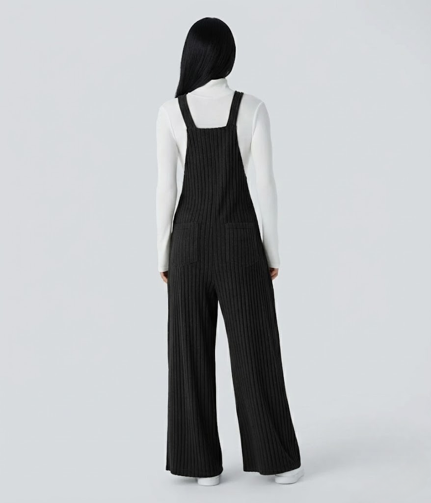 Ribbed Knit Pockets Casual Overalls