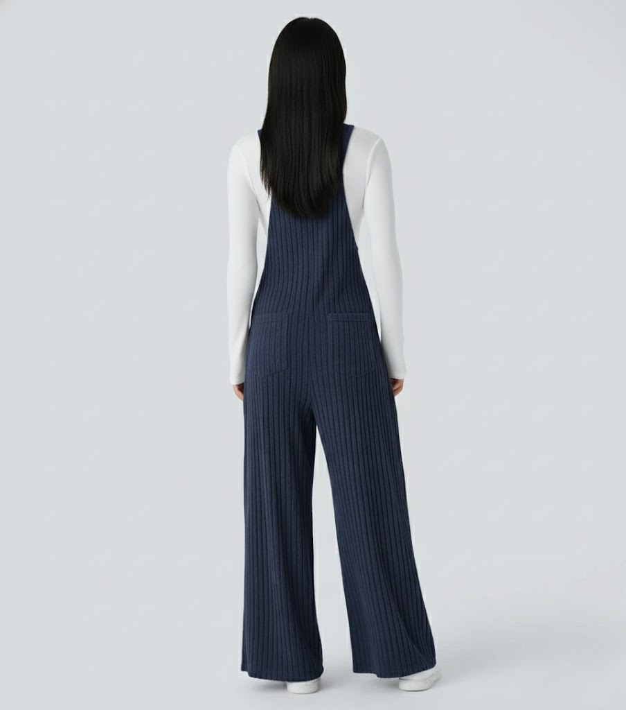 Ribbed Knit Pockets Casual Overalls
