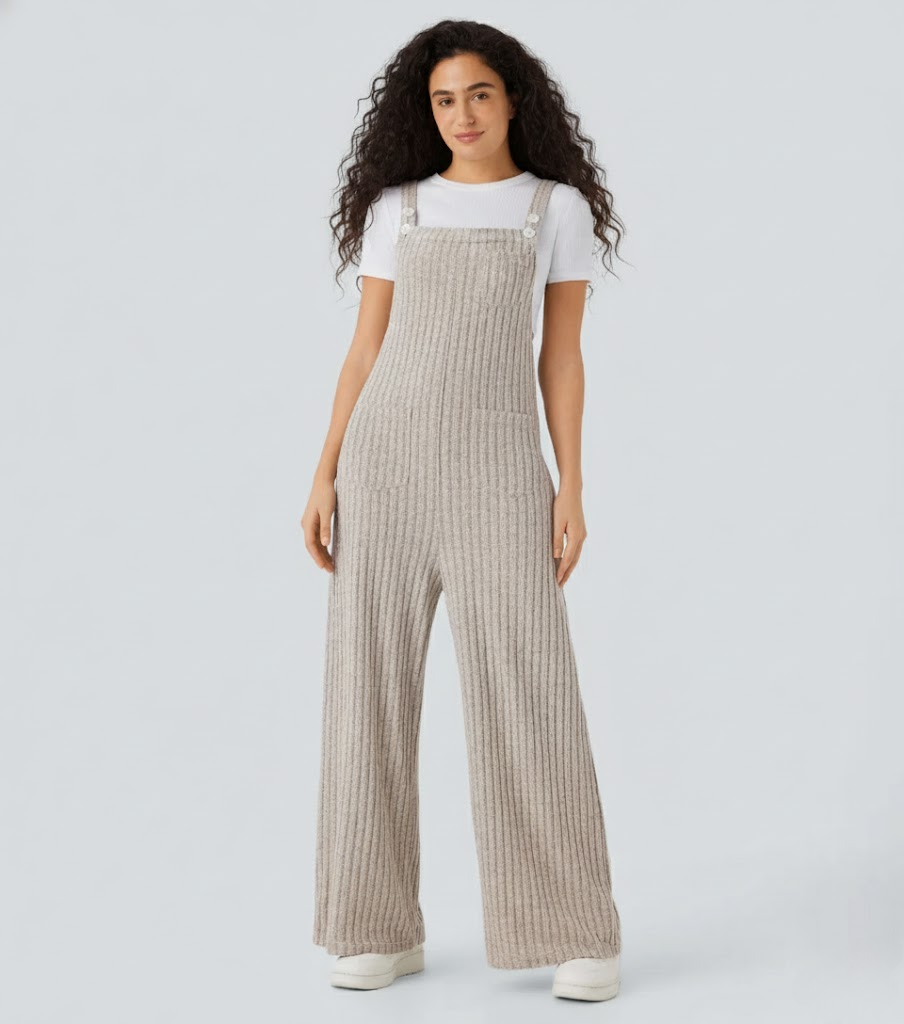 Ribbed Knit Pockets Casual Overalls