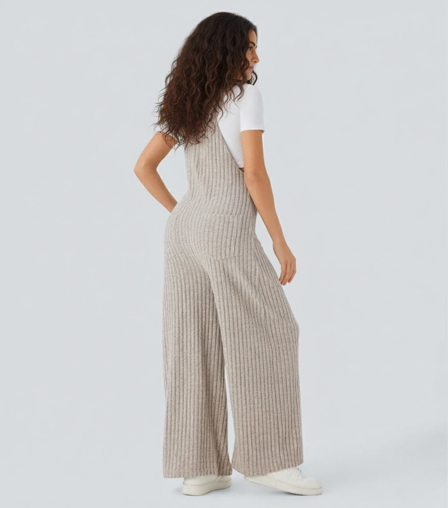 Ribbed Knit Pockets Casual Overalls