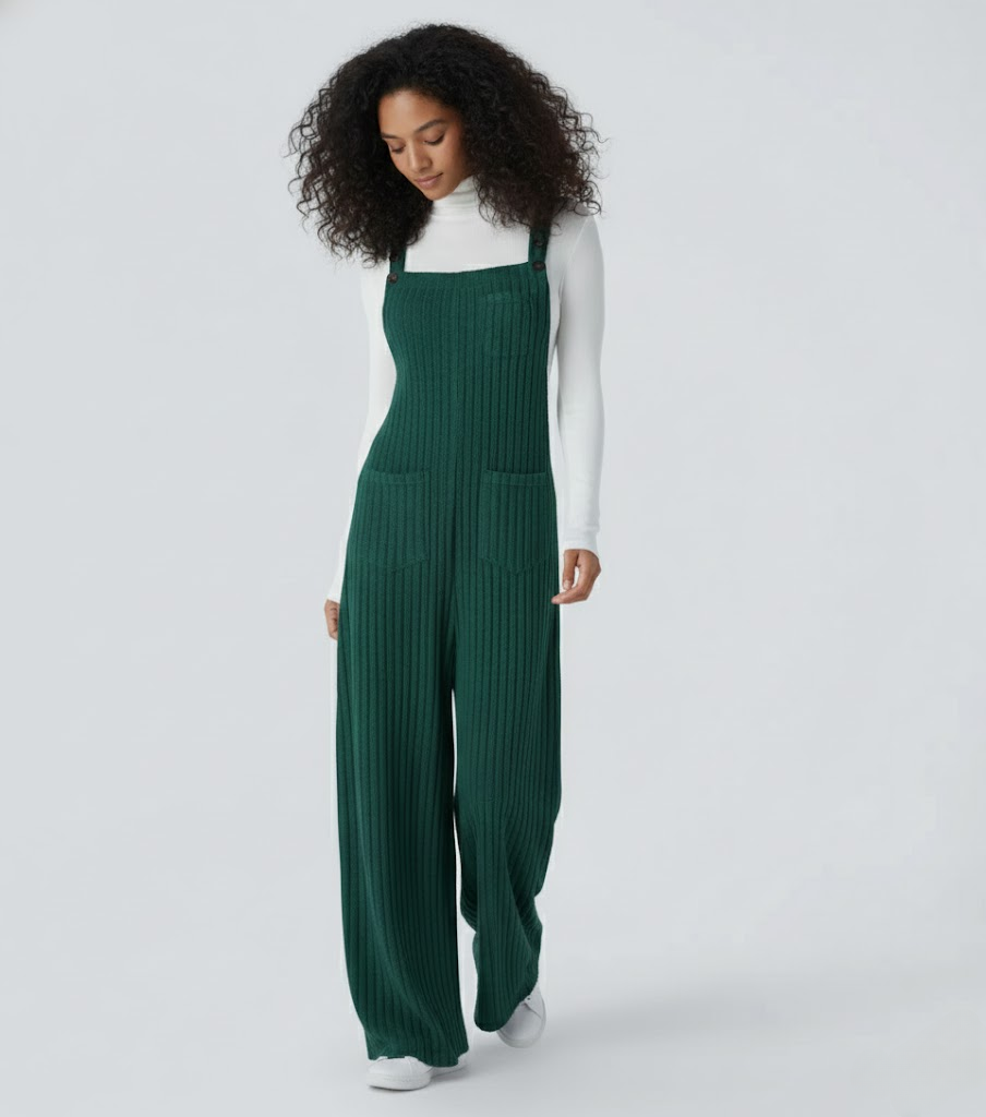 Ribbed Knit Pockets Casual Overalls