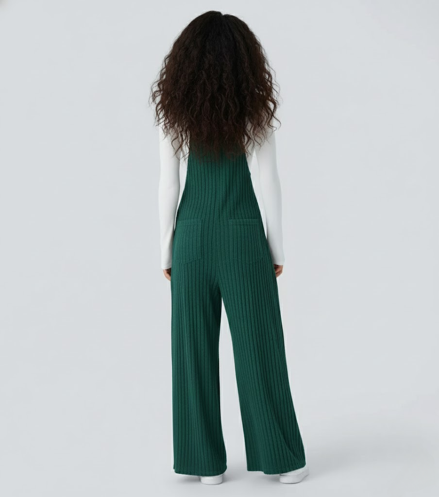 Ribbed Knit Pockets Casual Overalls