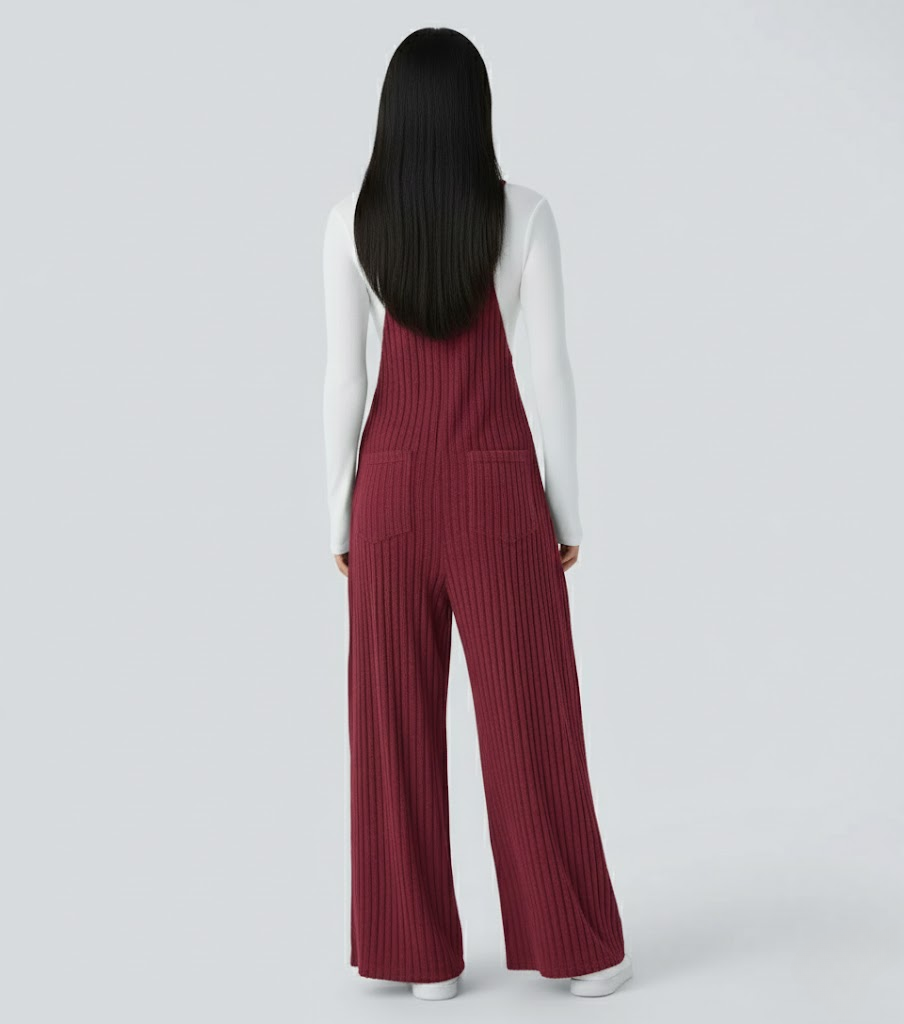 Ribbed Knit Pockets Casual Overalls