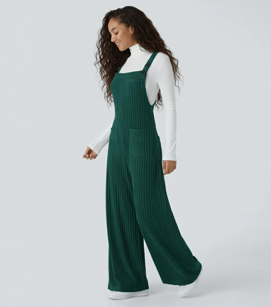 Ribbed Knit Pockets Casual Overalls