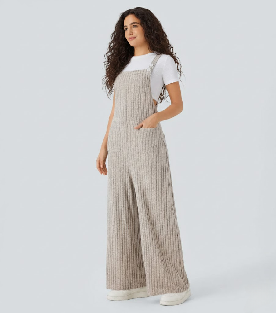 Ribbed Knit Pockets Casual Overalls