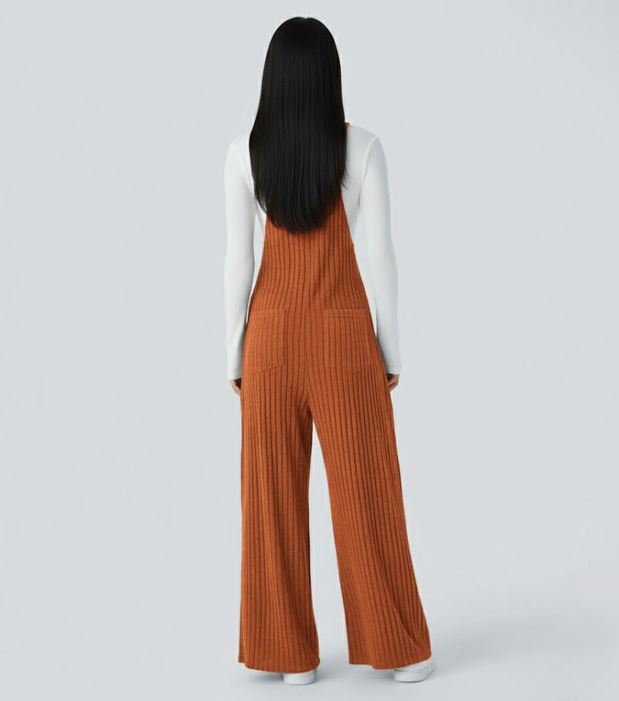Ribbed Knit Pockets Casual Overalls