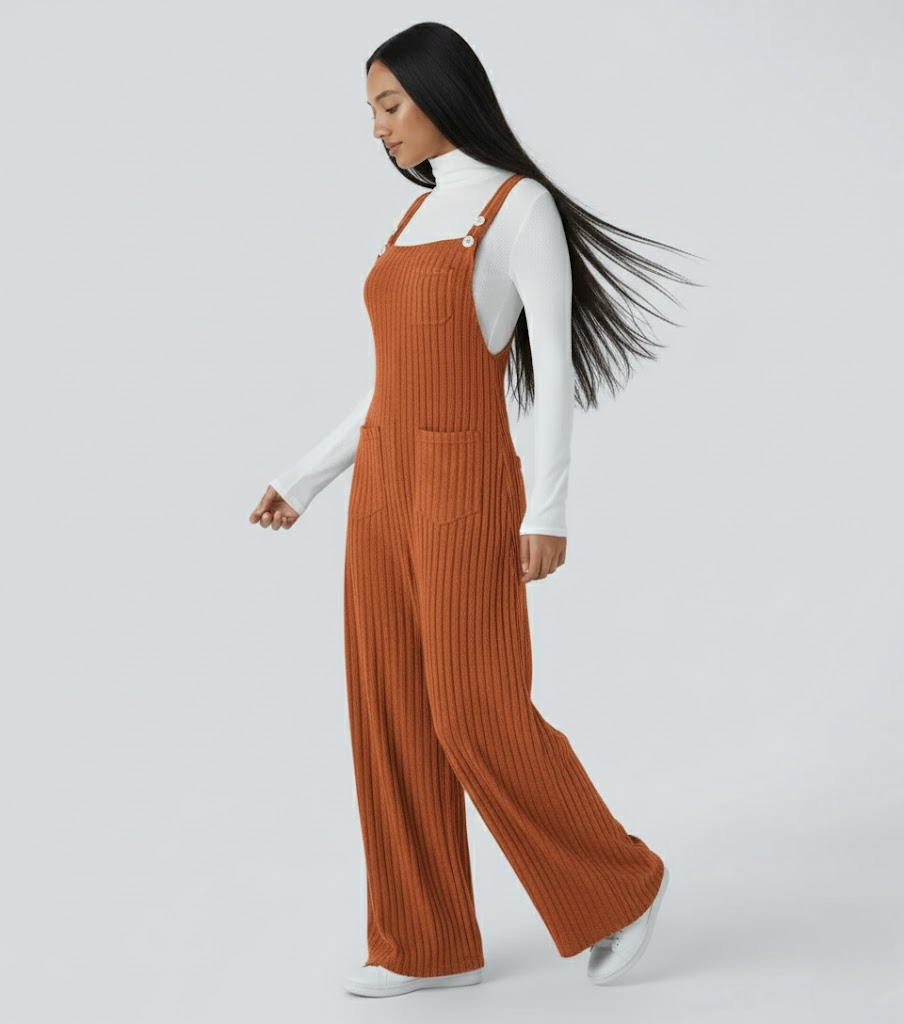 Ribbed Knit Pockets Casual Overalls