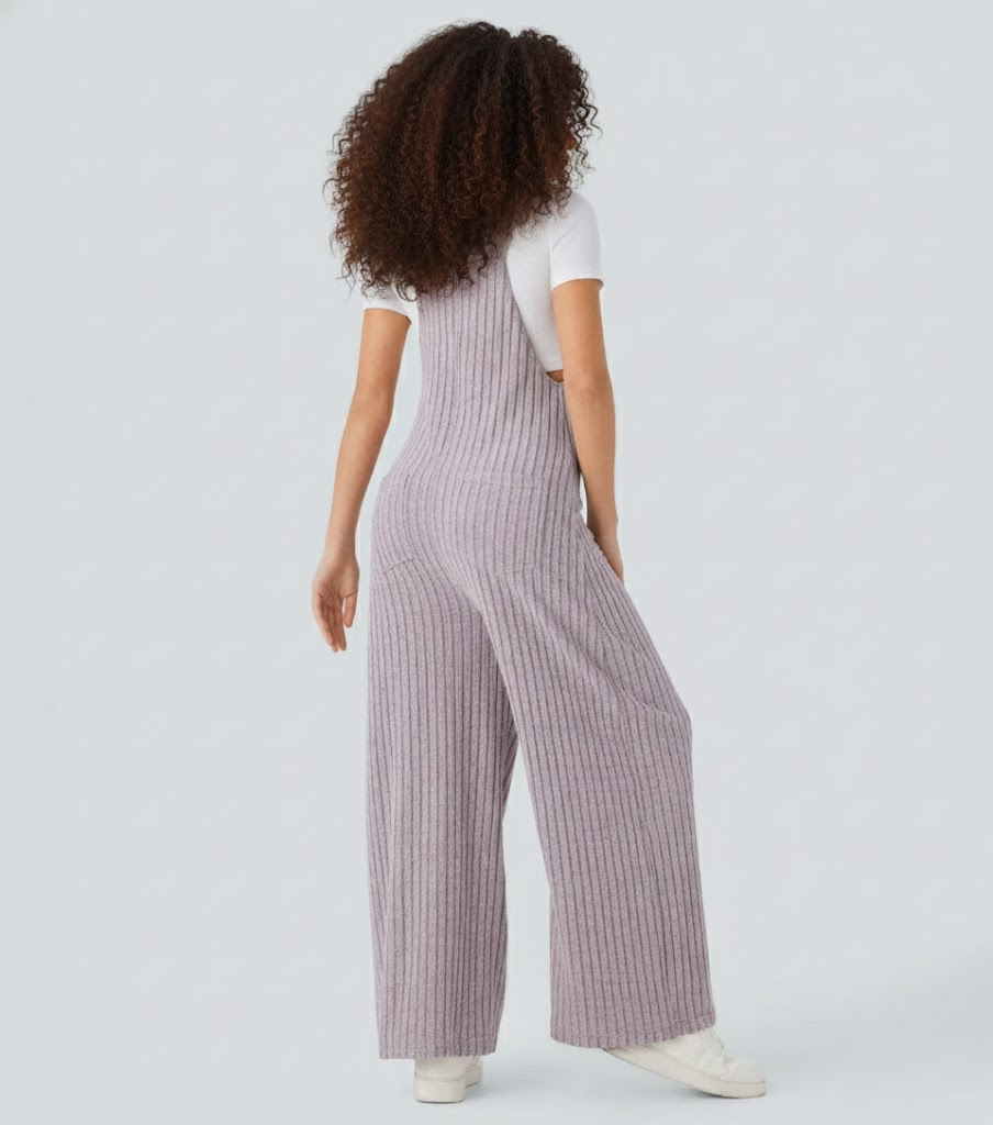 Ribbed Knit Pockets Casual Overalls
