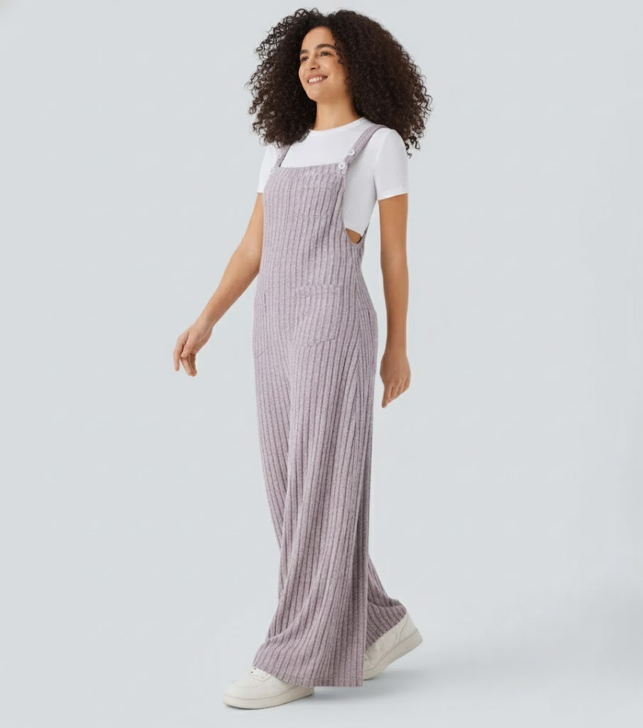 Ribbed Knit Pockets Casual Overalls