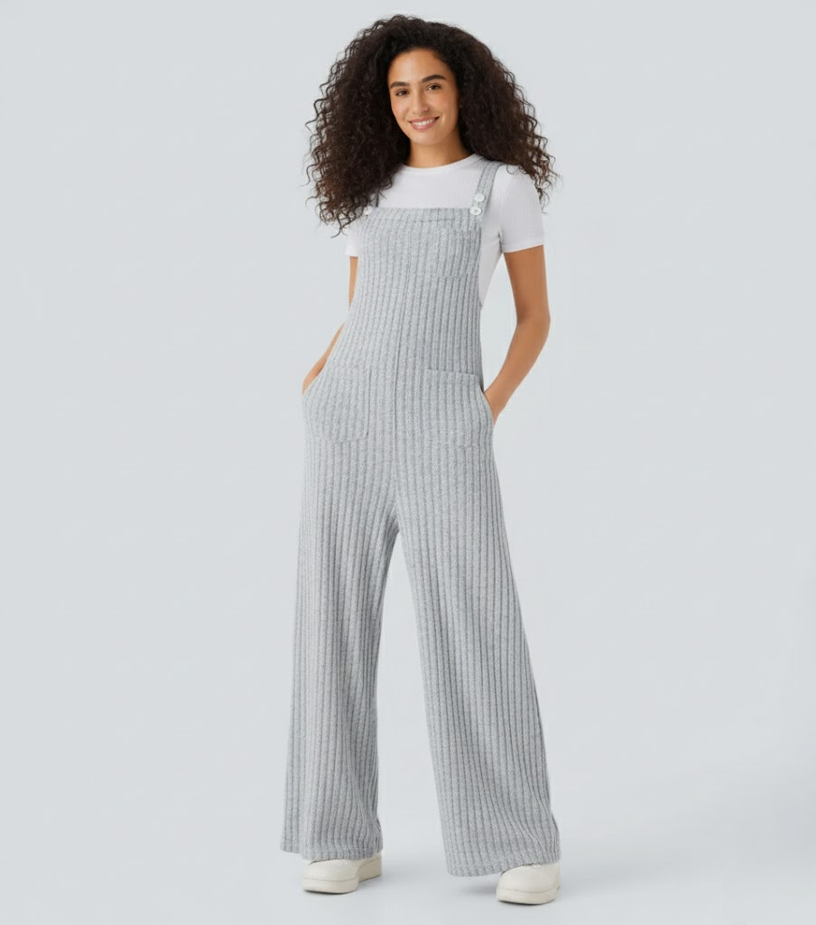 Ribbed Knit Pockets Casual Overalls