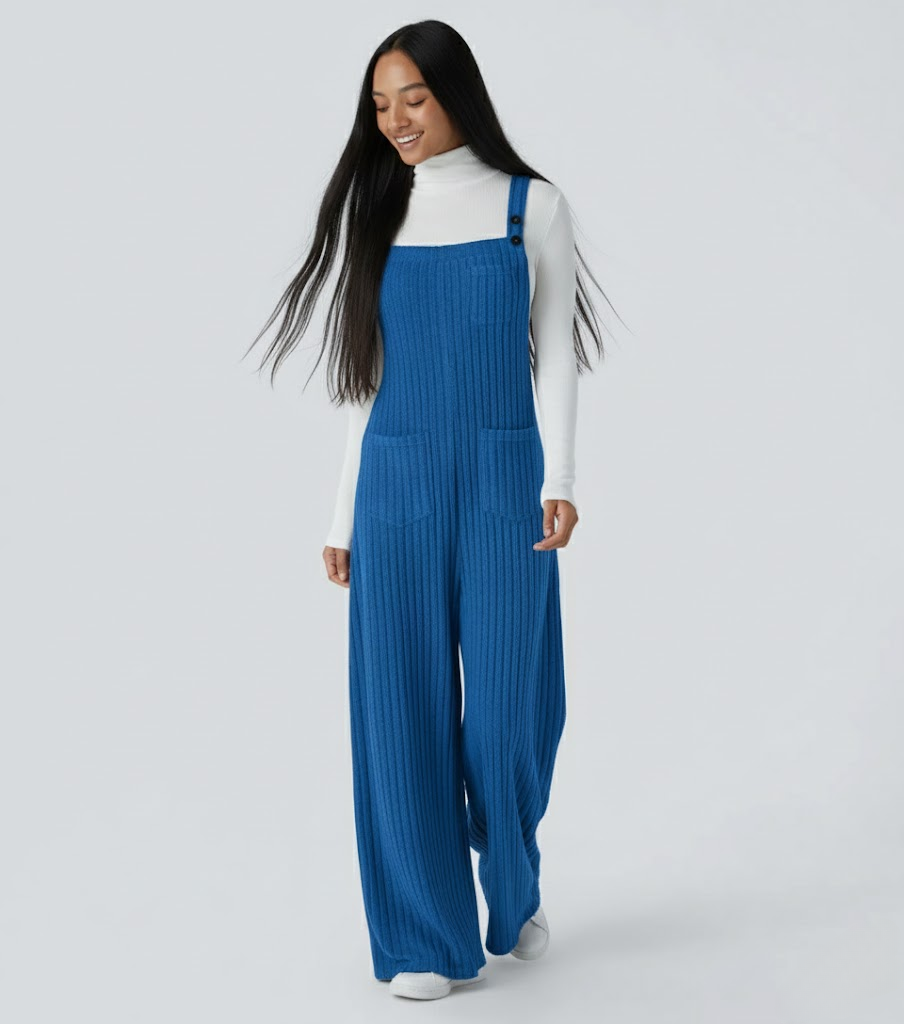 Ribbed Knit Pockets Casual Overalls