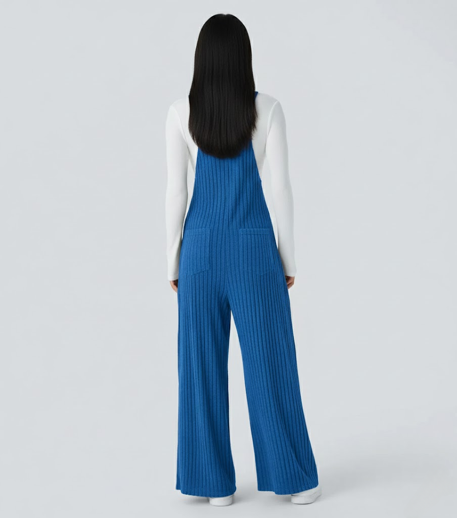 Ribbed Knit Pockets Casual Overalls