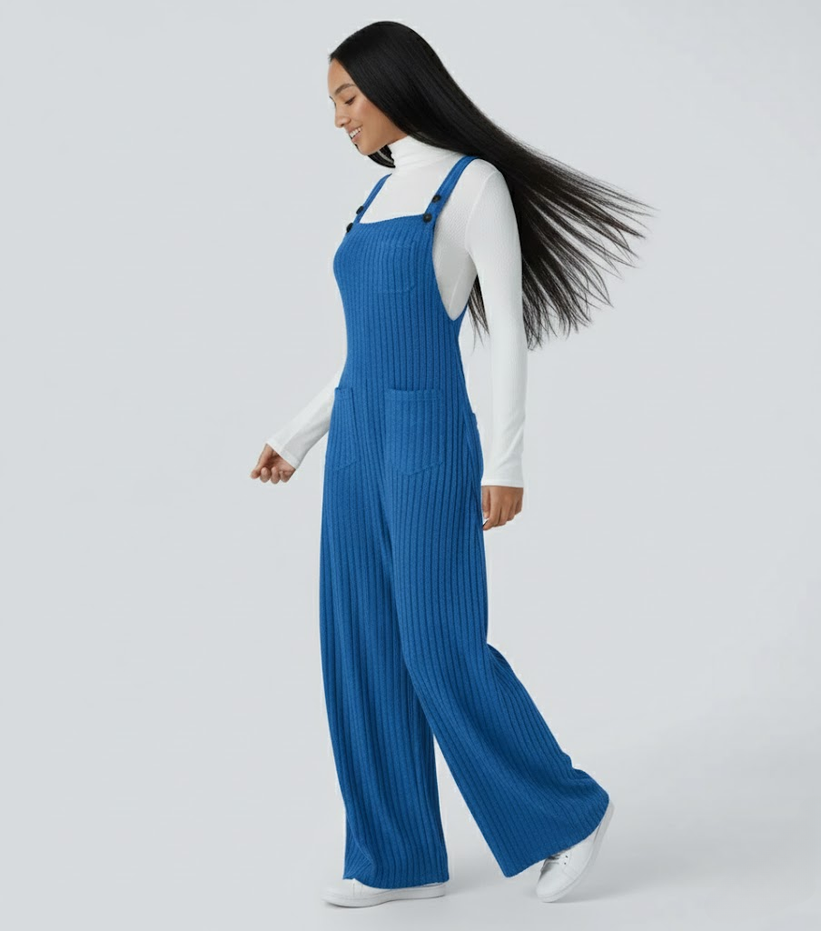 Ribbed Knit Pockets Casual Overalls