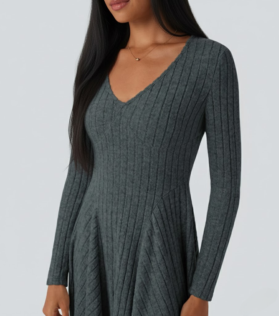 Ribbed Knit V Neck Long Sleeve Flare Casual Dress
