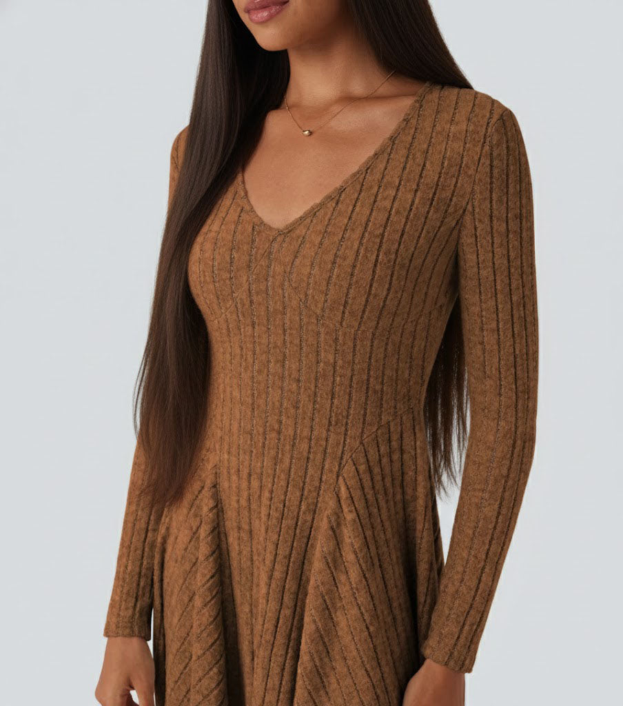 Ribbed Knit V Neck Long Sleeve Flare Casual Dress
