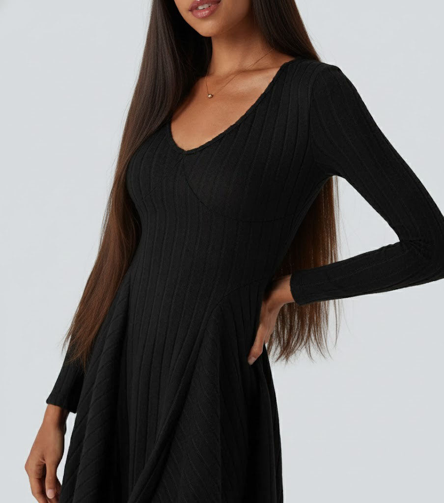 Ribbed Knit V Neck Long Sleeve Flare Casual Dress