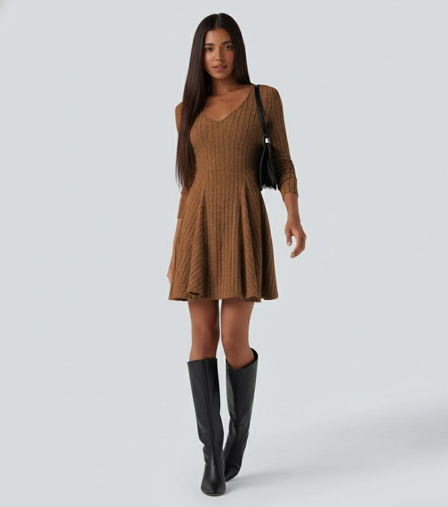Ribbed Knit V Neck Long Sleeve Flare Casual Dress