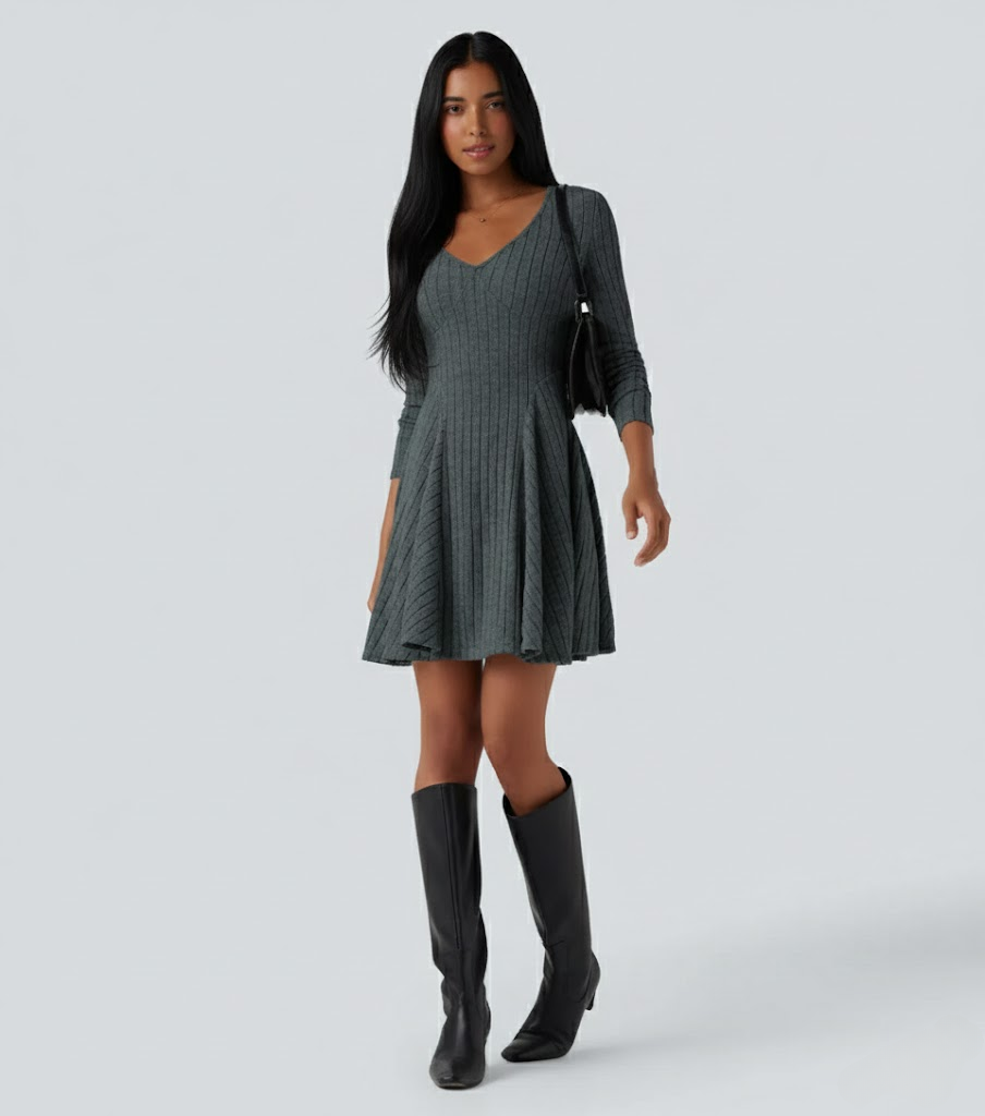 Ribbed Knit V Neck Long Sleeve Flare Casual Dress