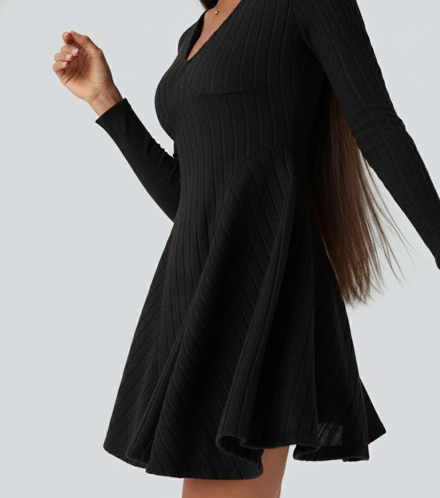 Ribbed Knit V Neck Long Sleeve Flare Casual Dress