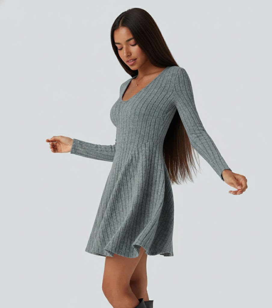 Ribbed Knit V Neck Long Sleeve Flare Casual Dress